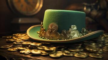 A green hat with gold decorations sits on top of a pile of gold coins photo