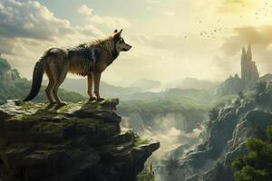 A wolf is standing on a mountain top photo