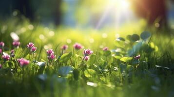 A field of pink flowers with green grass photo