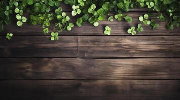 Wooden surface with green leaves on it photo