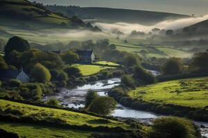 A river runs through a green valley with houses on either side photo