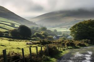 A rural landscape with a road and a fence photo