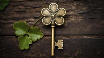 A gold key with a flower on it is on a wooden surface photo