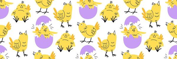 Funny Easter seamless pattern with cute yellow chick in various poses. Funny doodle character in broken egg. Horizontal festive background. flat illustration. vector