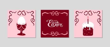 Trendy minimalistic Easter cards set. Ribbon bow, egg on cap, festive cake and lettering. Greeting square background for Social media. Holidays spring invitation. illustration in coquette style vector