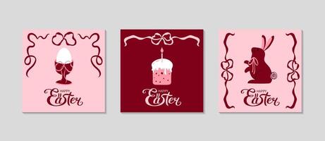 Trendy minimalistic Easter cards set. Ribbon bow, egg on cap, festive cake and rabbit. Greeting square background for Social media. Holidays spring invitation. illustration in coquette style vector