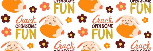 Bright Easter seamless pattern with cute rabbit on an egg. Crack open some fun lettering. Little simple flowers. Horizontal festive background for invitations. flat illustration. vector