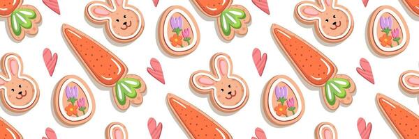 Cute Easter pattern with handmade cookies in form of bunny, carrot and egg. Festive gingerbread cookie with icing. Spring background for holiday greeting, invitation. flat illustration. vector