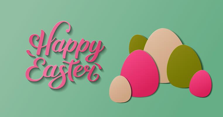 Stylish Easter banner featuring colorful paper cut style eggs and elegant lettering on mint background. Perfect for holiday promotions, greeting cards, and festive decorations. design.