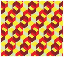 A repeating pattern of 3 dimensional hexagonal shapes in red, yellow, and pale green, creating a vibrant, optical illusion effect. vector