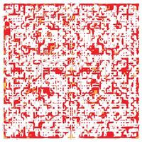 Abstract pattern featuring chaotic red shapes and lines on a white background, with hints of yellow and orange accents throughout. vector
