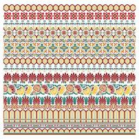 A vibrant textile pattern featuring intricate floral and geometric designs in red, yellow, green, and blue, arranged in horizontal bands. vector