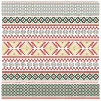 A vibrant textile pattern featuring repeating geometric designs in red, green, and gold, arranged in horizontal stripes. vector