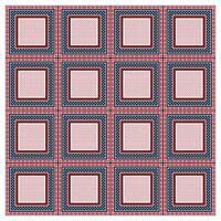 A vibrant textile pattern featuring a grid of squares with layered borders in red, navy, and pink tones, adorned with polka dots and stars. vector