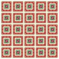A repeating geometric pattern featuring squares in red, green, and black, with intricate designs and a central motif resembling a syringe. vector
