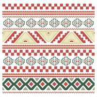 Colorful geometric patterns in red, green, and gold, featuring zigzags, diamonds, and floral motifs on a white background. vector