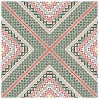 A symmetrical textile pattern with interlocking diamonds in green, red, and white, featuring intricate geometric designs and borders. vector