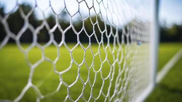 A soccer net with a white background on football ground photo
