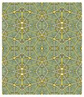 Intricate geometric pattern with turquoise and gold accents, featuring interlocking shapes and star like motifs throughout. vector