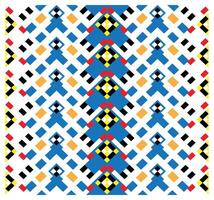 A vibrant geometric pattern featuring blue, black, yellow, red, and orange shapes in a repetitive diamond arrangement on a white background. vector