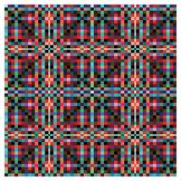 Abstract pixelated pattern featuring vibrant colors of red, black, cyan, and green, forming a symmetrical grid design. vector