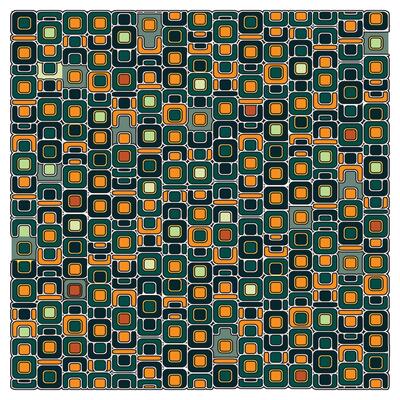 A colorful, geometrical pattern featuring squares in green, orange, and teal with black outlines, creating a vibrant mosaic effect.