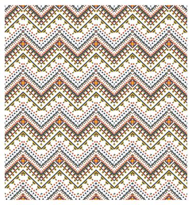 Colorful chevron pattern featuring interlocking zigzags in red, yellow, navy, and white, with geometric embellishments throughout.