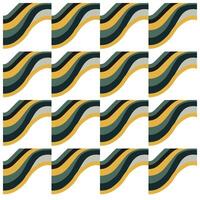 A repeating pattern of wavy stripes in green, yellow, and gray, creating a dynamic and abstract design across a grid layout. vector