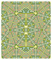 Intricate geometric pattern featuring vibrant colors of green, red, and yellow, creating a dynamic and symmetrical design. vector