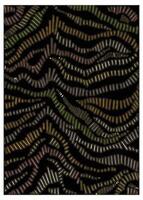 Abstract pattern of wavy, colorful lines in pink, green, orange, and white on a black background, resembling flowing ribbons or strands. vector