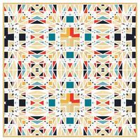 Geometric pattern featuring interlocking triangles and squares in vibrant colors like red, teal, black, and beige, arranged symmetrically. vector
