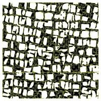 Abstract pattern of irregular white shapes outlined in yellow against a black background, resembling a chaotic brick wall design. vector
