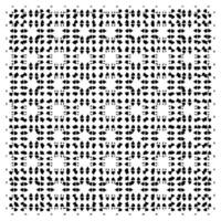 A black and white geometric pattern composed of various shapes arranged in a repetitive, symmetrical grid formation. vector