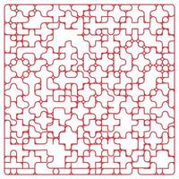 Abstract red puzzle like shapes interconnect on a white background, creating a complex, intricate design with varied patterns and curves. vector