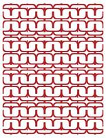 A repeating geometric pattern of red curved shapes on a white background, creating a bold and modern design. vector