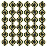 A repeating geometric pattern features elongated, wavy shapes in earthy tones of green, yellow, and black against a white background. vector