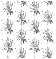 Repeated monochrome pattern of potted plants with elongated leaves and small flowers against a white background. vector