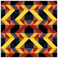 A vibrant geometric pattern featuring yellow, red, orange, and brown shapes arranged in a symmetrical, interlocking design on a dark background. vector