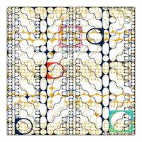 A complex geometric pattern of interwoven lines and shapes in vibrant colors, featuring circles and squares against a white background. vector