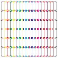Colorful grid pattern with alternating vibrant lines and square icons, arranged in a repetitive, rhythmic design on a white background. vector