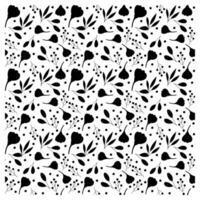 A seamless pattern of black floral silhouettes and leaves on a white background, featuring various shapes and sizes. vector