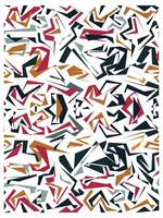Abstract pattern featuring a vibrant mix of angular shapes in red, green, beige, and black, on a white background. vector