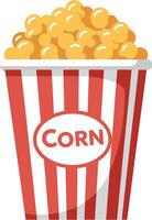 A bright red and white striped popcorn bucket filled with fluffy popcorn in flat illustration vector