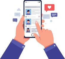 Hands holding a smartphone displaying social media profiles in flat illustration vector