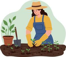 Woman gardening in a sunny setting with plants and tools in a minimal illustration vector