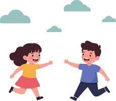 Two joyful children running towards each other in a playful setting, flat illustration vector