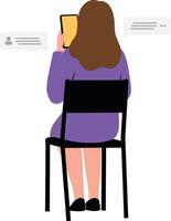 Woman sitting on a chair using a tablet in a minimalistic design style illustration vector