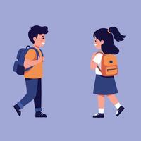 Two cheerful children walking toward each other in a friendly encounter, flat illustration vector