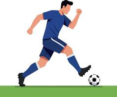 Dynamic soccer player in blue uniform executing a powerful kick in flat art vector