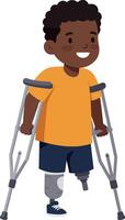 Happy boy using crutches with one prosthetic leg in a minimal illustration vector